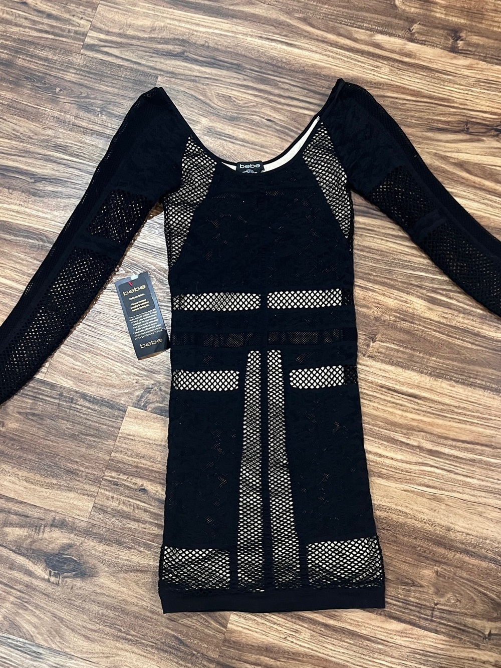 Bebe Black Mesh
Crochet Long Sleeve Bodycon Mini Dress